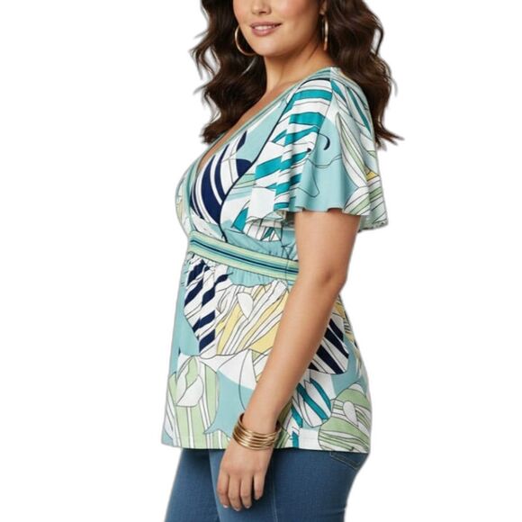 BCBGMAXAZRIA Abstract Art Deco Butterfly Blouse Striped Belted Peplum Top Sz M - Picture 2 of 15